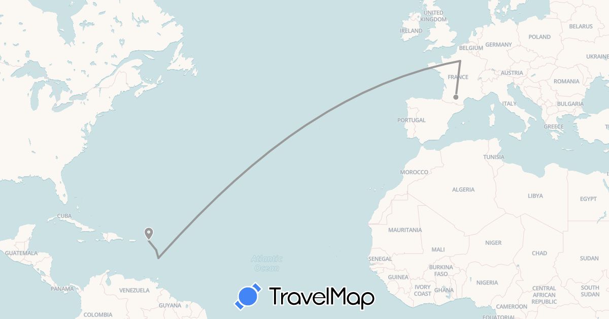 TravelMap itinerary: driving, plane in France, Guadeloupe, Saint Martin, Martinique (Europe, North America)